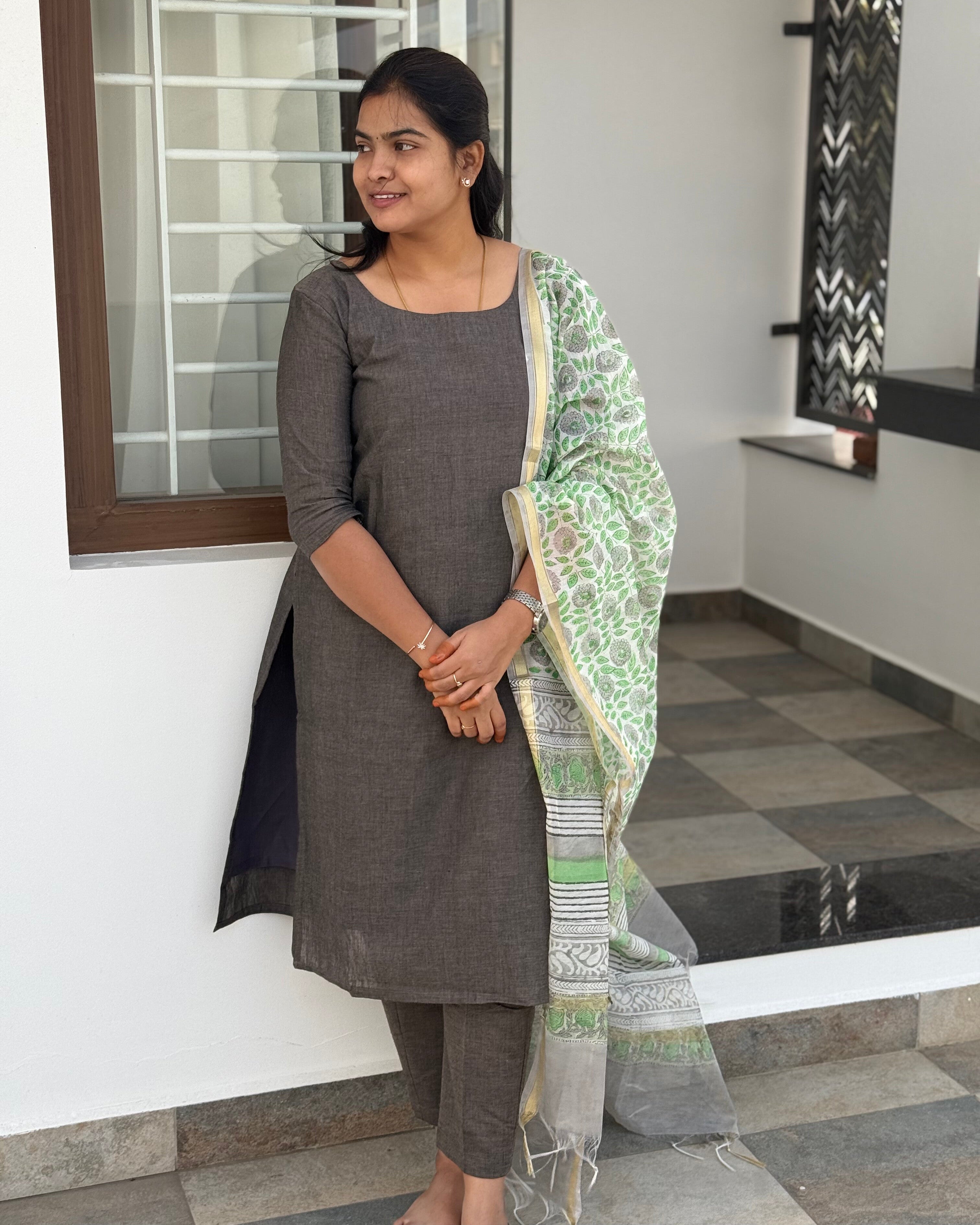 Grey Chanderi Dupatta Set