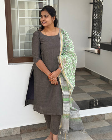 Grey Chanderi Dupatta Set