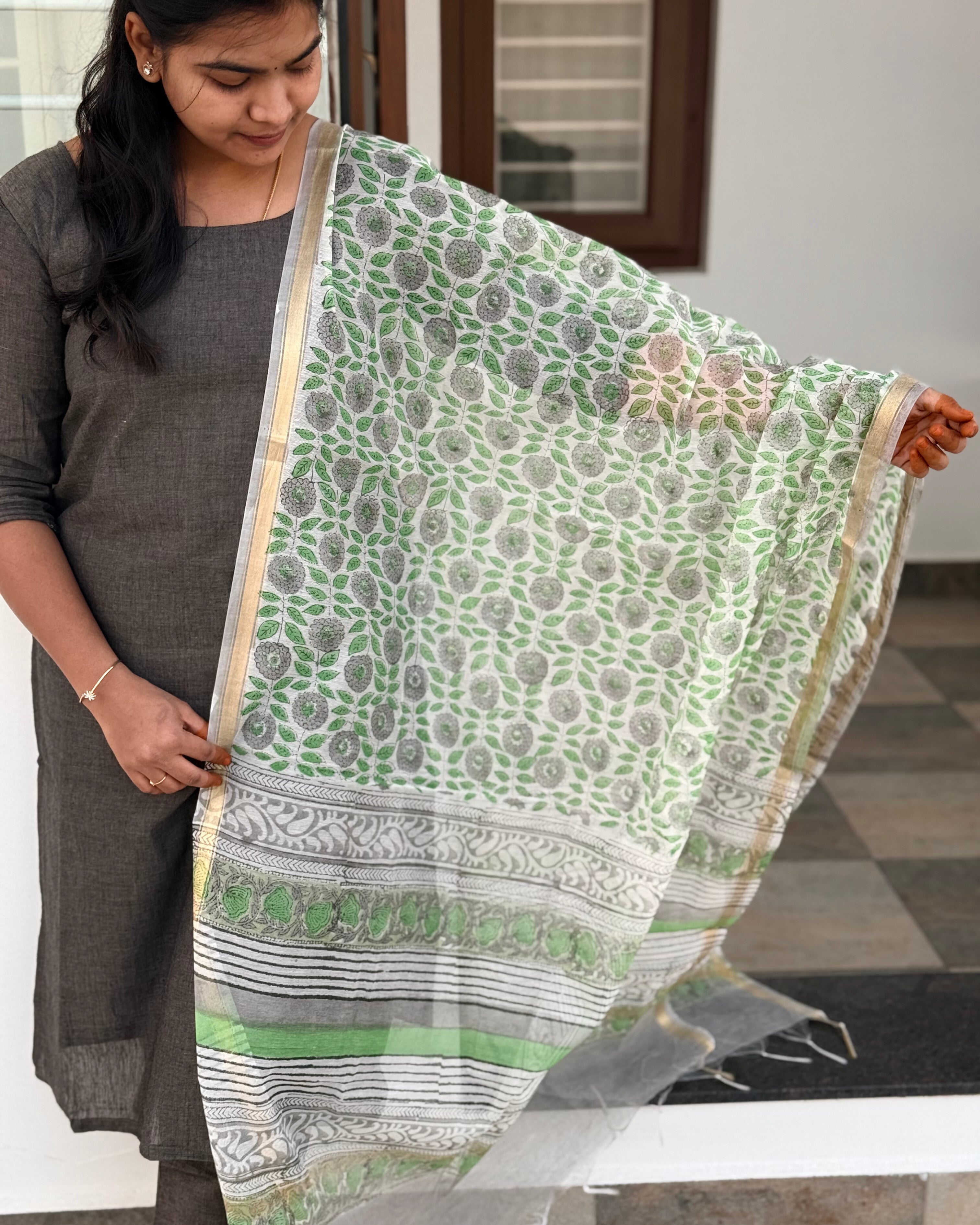 Grey Chanderi Dupatta Set